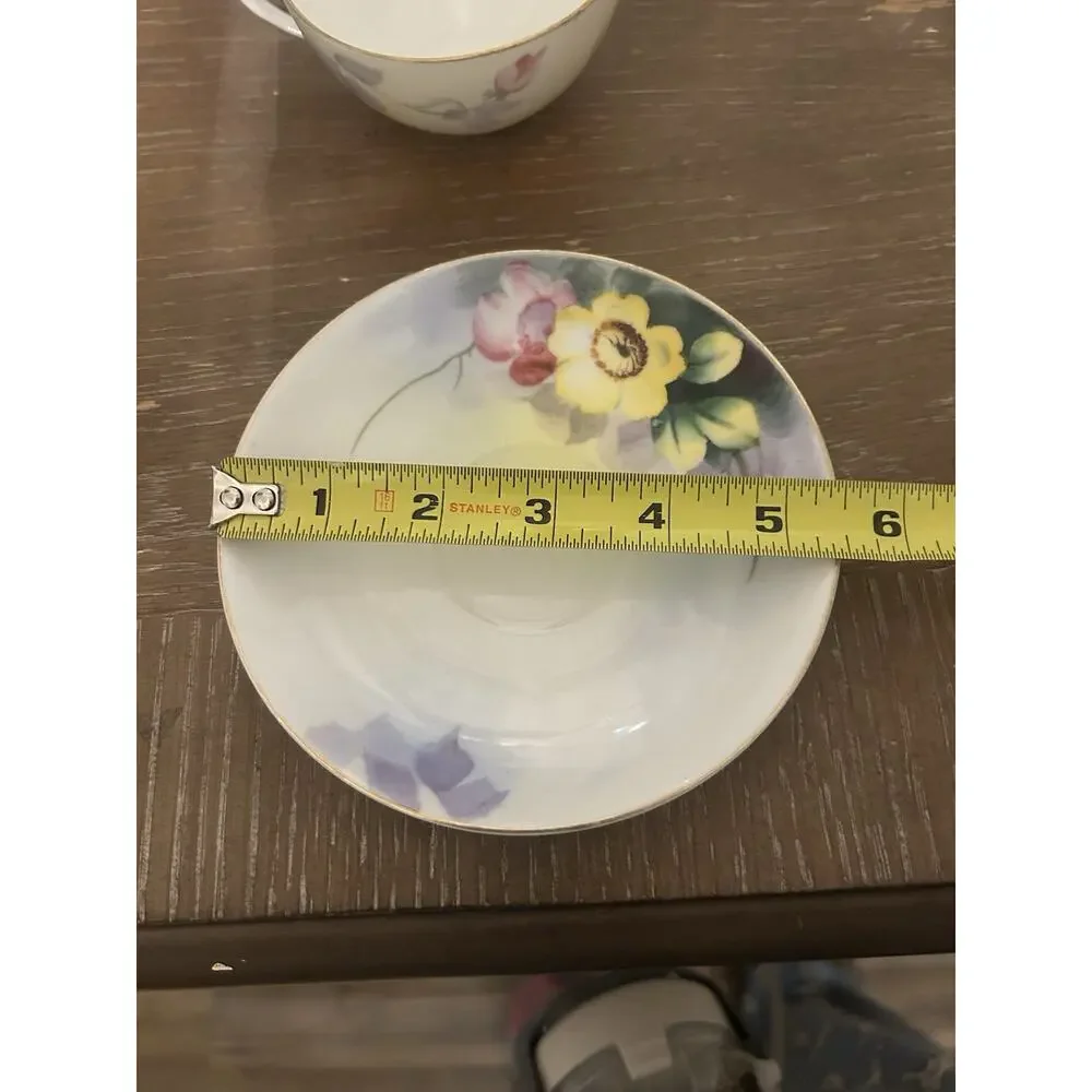 Antique Bayreuth Bone China Yellow Floral Handpainted Tea Cup & Saucer Gold Trim